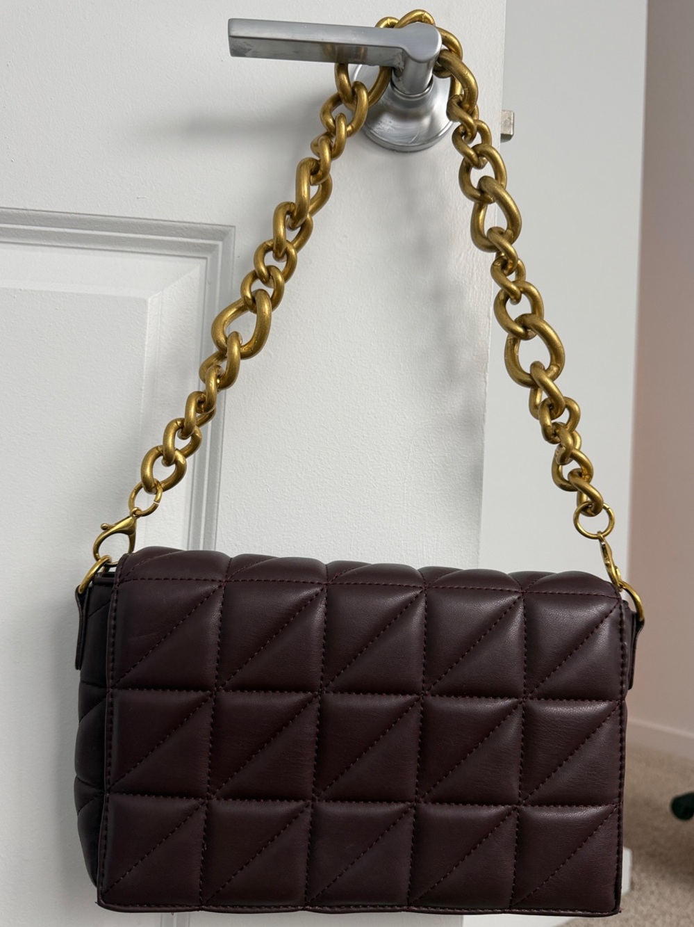 MMS Design Studio Quilted Shoulder Bag in Deep Burgundy with Gold Chain